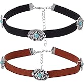 CABODYALS 2Pcs Turquoise Leather Choker Necklace Vintage Black Brown Bohemian Western End Extender Turquoises Antique Silver Alloy Pave Synthetic Oval Imitation Necklaces for Women Outfit Accessory