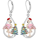 Flamingo Earrings for Women 925 Sterling Silver Christmas Tree Earrings for Women Pink Flamingo Earrings with Christmas Tree Cute Holiday Dangle Earrings for Holiday Gifts