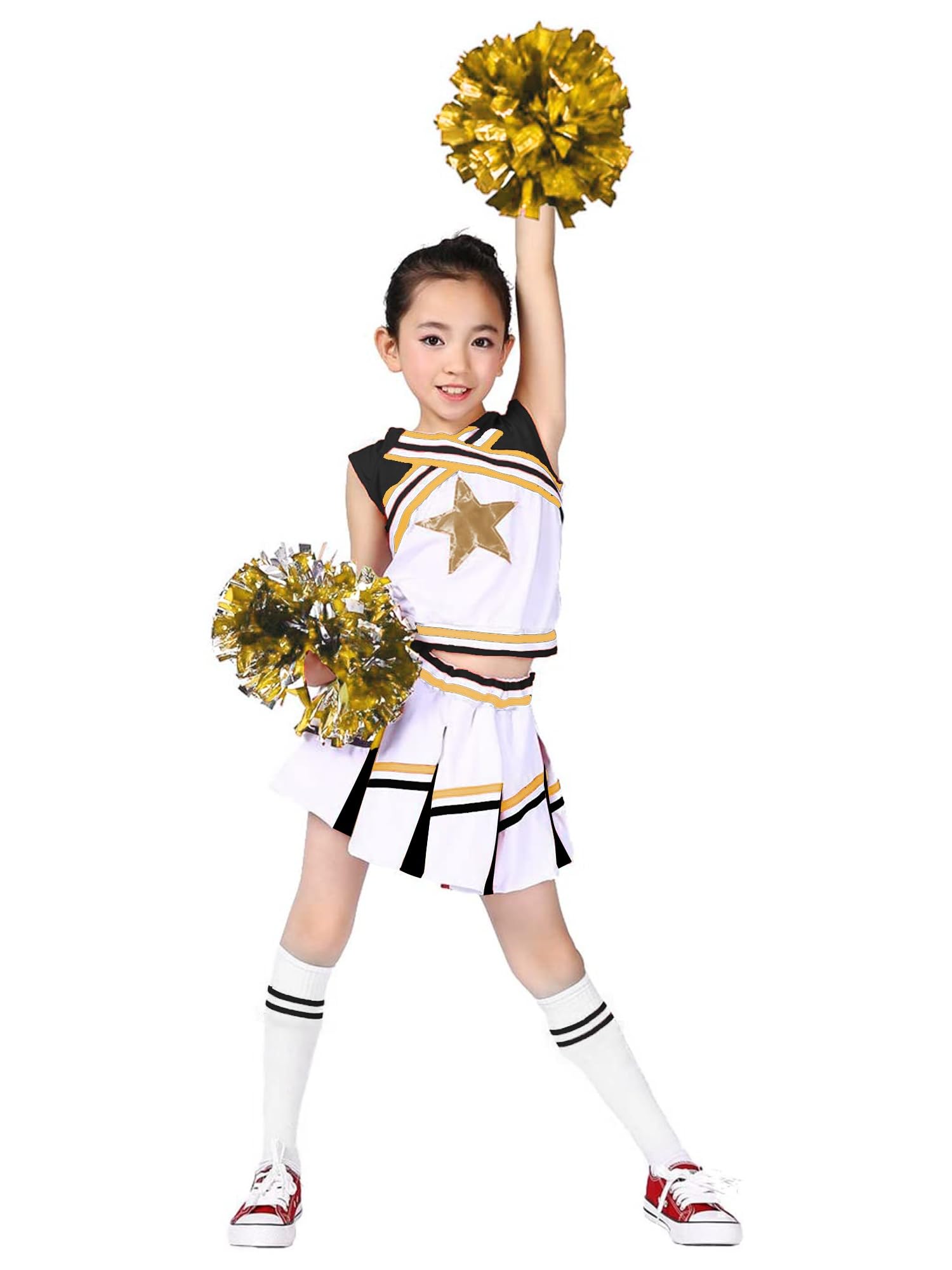 LOLANTA Girls' Cheerleading Costumes with Pompoms and Socks, Kids Halloween Fancy Dress Up, Cheerleader Outfit, black, 5-6 Years, 120 — image 1