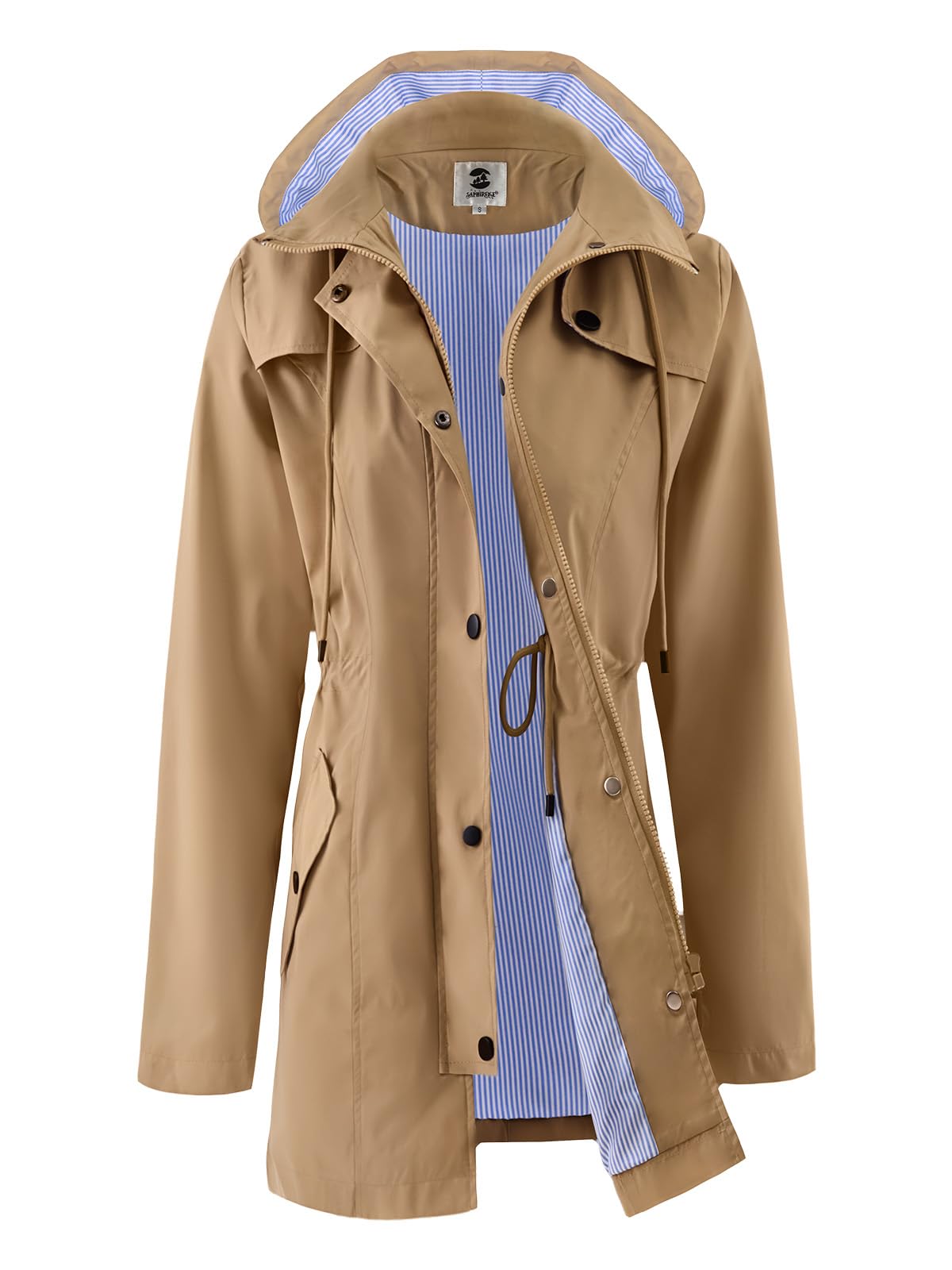 Photo 1 of SaphiRose Women's Long Rain Jacket Waterproof Rain Coat with Hood Outdoor Light Raincoats Windbreaker(Tan,M)