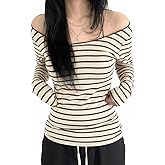 EMMIOL Off The Shoulder Tops for Women Striped Long Sleeve Shirts Going Out Top Y2k Fall Clothes