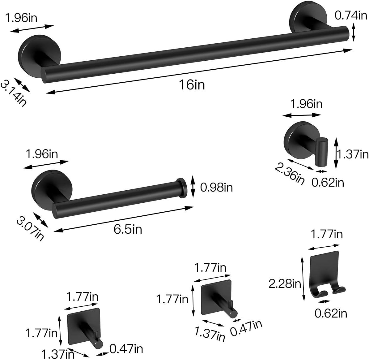 VOLPONE Bathroom Hardware Set 6-Piece,Towel Bar Set Stainless Steel, Includes 16In Towel Bar,3 Robe Towel Hooks,Toilet Paper Holder,Adhesive Shaver/Toothbrush Holder (Matte Black): Home & Kitchen