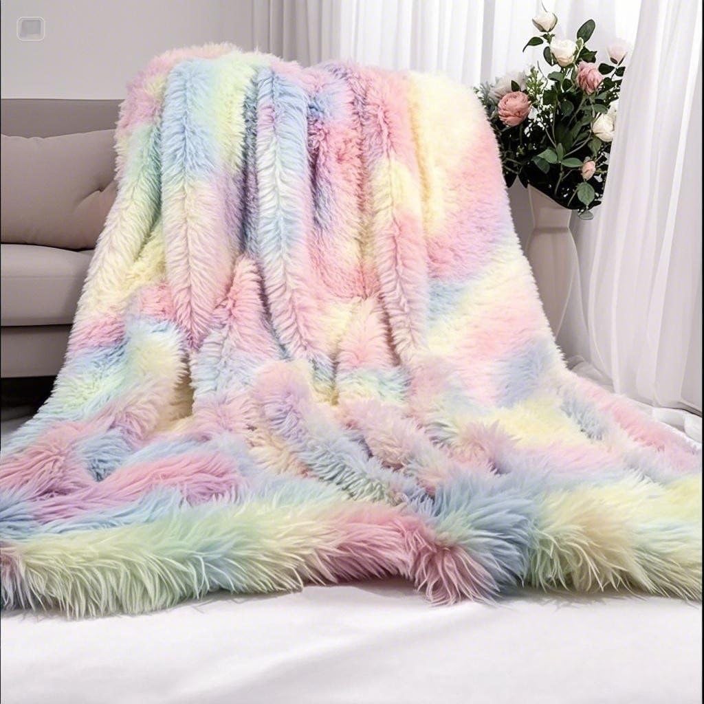 MYRU Plush Super Soft Blanket Colorful Bedding Sofa Cover Furry Fuzzy Fur Warm Throw Cozy Couch Blanket for Winter (Rainbow, 160 x 200 cm)