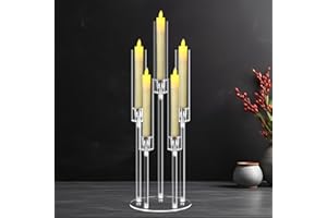 Cheloment 5 Arms Acrylic Candelabra Centerpieces for Tables, 27.2” Tall Clear Candle Holder for Wedding Dinner Party and Home Decor,Candlesticks Holder with Lampshade,Fits LED Candle