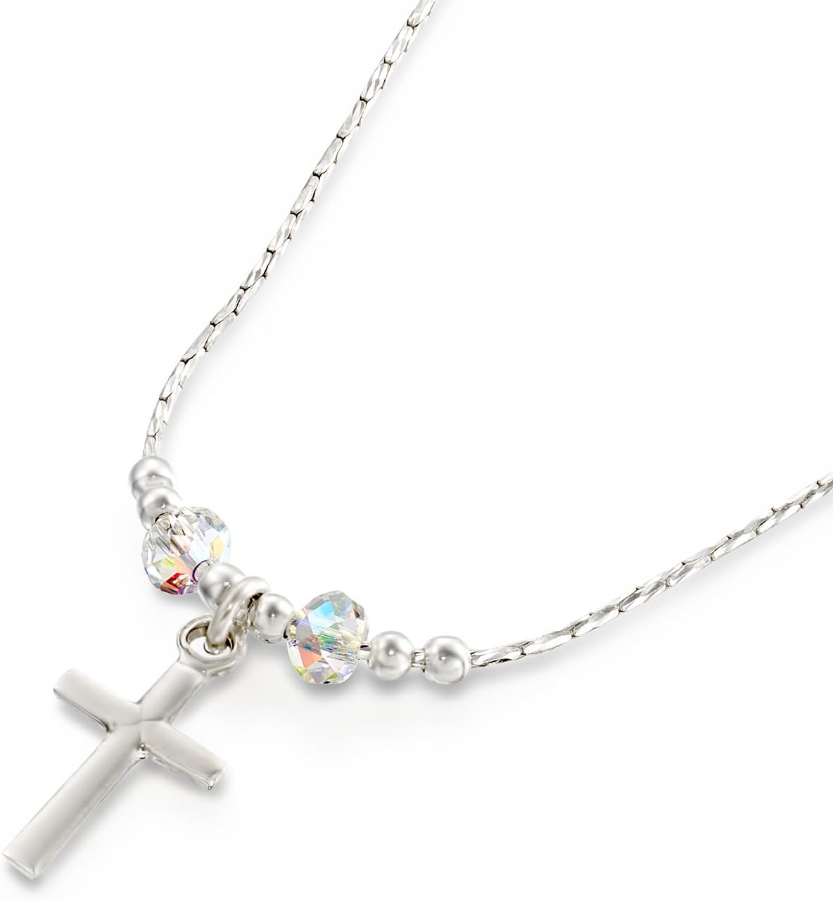 Stera JewelryGirls Cross Pendant Made with Swarovski AB Crystals 925 Sterling Silver Necklace, 16" + 4" Extender