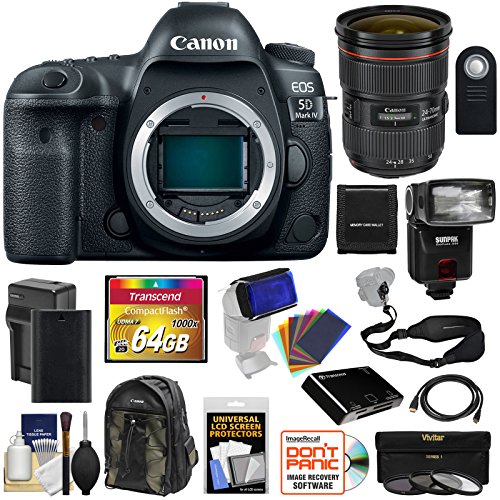 Canon EOS 5D Mark IV 4K Wi-Fi Digital SLR Camera Body with 24-70mm f/2.8L II Lens + 64GB Card + Battery & Charger + Backpack + Flash + Strap + Kit