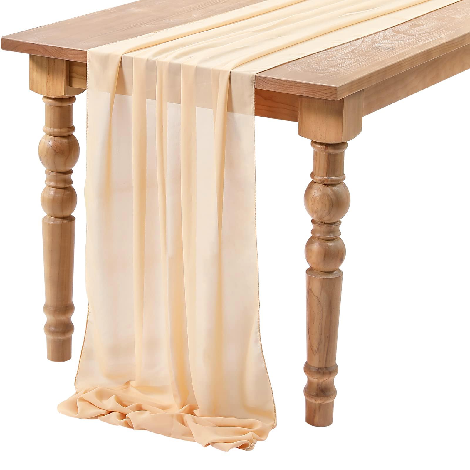 Champagne Chiffon Wedding Table Runner, 27x120 Inches Long, Sheer Tulle, Romantic Style for Bridal & Baby Shower (F)