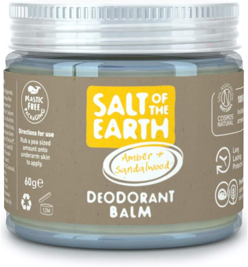 Salt of the Earth - Natural Vegan Deodorant Balm; Long Lasting Protection - Amber & Sandalwood - 60g, Clear, 60 g (Pack of 1)