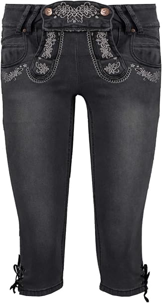 Damen Trachten Capri Hose - Stretch Jeans Im Lederhosen-Look Für Oktoberfest