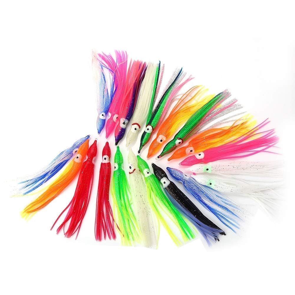 20Pcs Luminous Squid Fishing Lures, Multicolour Hanging Squid Jig Octopus Skirt Bait Artificial Trolling Soft Fishing Lures Lifelike Imitation Soft Bait for Saltwater and Freshwater (12CM)