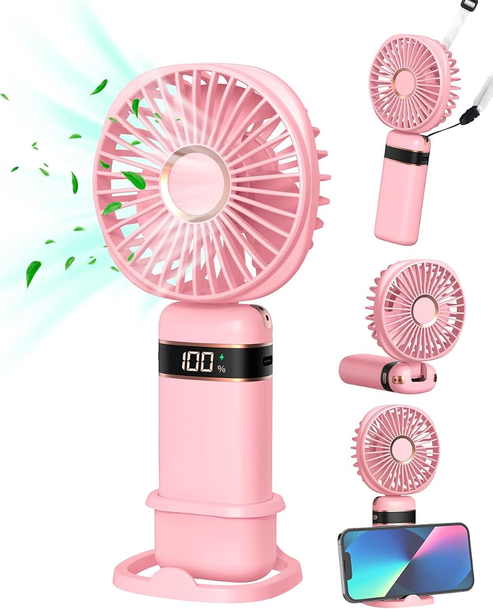 FAPPEN Rechargeable Handheld Fan 5 Speeds USB Portable Folding Pink w/ Base