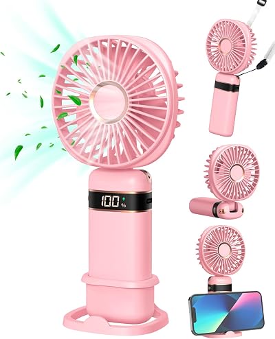 FAPPEN Rechargeable Handheld Fan 5 Speeds USB Portable Folding Pink w/ Base