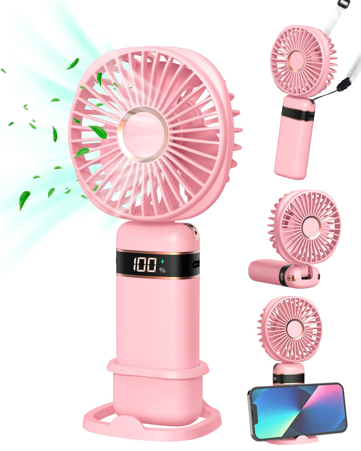 FAPPEN Mini Handheld Fan, Portable USB Hand Held Fan, Rechargeable 5 Speeds Folding Hand Fan with Base and Lanyard for Home Office Bedroom Outdoor Travel(Pink)