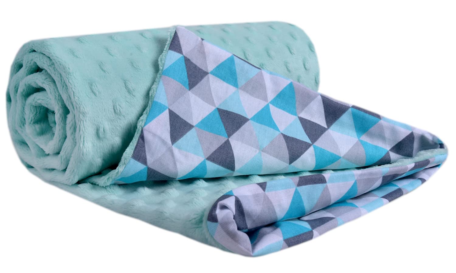 Medi Partners Baby Blanket Newborn Pram Soft 100% Cotton 75x100 Cot Toddler Comfort universal Cuddly Fluffy Crawling Plush bilateral Blankets (Mint triangles with mint Plush)