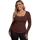 winkbay Women's Plus Size Scoop Neck T Shirts Casual Ruched Button Front Long Sleeve Ribbed Knit Tops