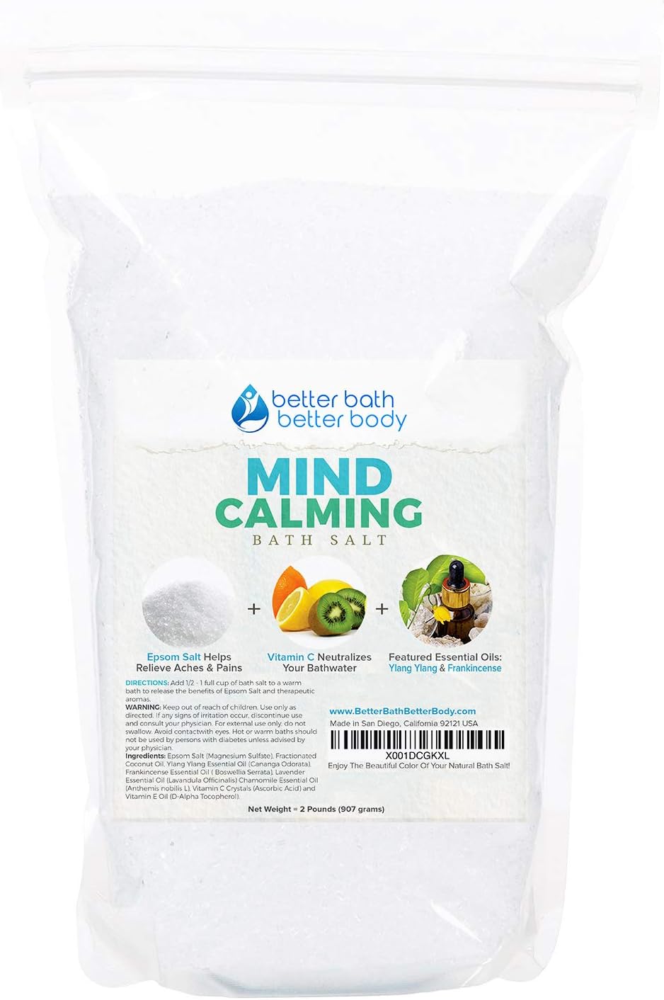 Mind Calming Bath Salt 32 Ounces Epsom Salt with Natural Ylang Ylang and Frankincese Essential Oils Plus Vitamin C in BPE Free Pouch with Easy Press-Lock Seal
