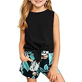 Haloumoning Girl's 2 Piece Outfits Kids Tie Knot Tank Top and Paperbag Waist Pocketed Summer Short Sets 5-14 Years