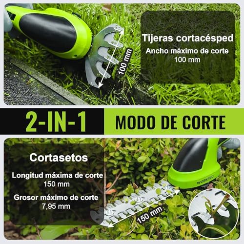 Tijeras Cortacésped y Arreglasetos 2 en 1, 7,2 V Cortasetos a Batería 2 Ah, Tijeras Arreglaseto con 2 Tipos de Cuchillas Ancho de Corte 100 mm, 150 mm, Herramienta para Jardín (Verde)