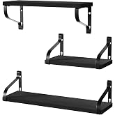 Love-KANKEI Black Floating Wall Shelves,Solid Wood/Metal Bracket,Set of 3 | 3 Installation Methods,Easy to Install,40 Lbs/shelf,For Bedroom,Bathroom,Kitchen,Living Room,Office Nursery,Display Decor