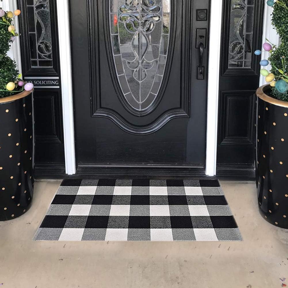 SEEKSEE 100% Cotton Plaid Rugs Black/White Checkered Plaid Rug Hand-Woven Buffalo Checkered Doormat Washable Porch Kitchen Area Rugs (23.5"×35.4"): Kitchen & Dining