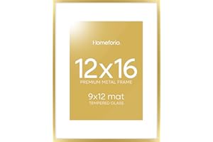 Homeforia 12x16 Picture Frame Gold, High End Metal 12x16 Poster Frames with Mat 9x12 for Photo, 12 x 16 Gold Frame Matted to 9 by 12 Print, 16x12 Thin Hanging Frame, Tempered Glass, Wall Kit, Set of 1