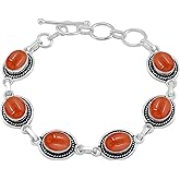 Natural Carnelian 925 Silver Plated Adjustable link Chain Bracelet for Women - July Birthstone Oval Shape Gemstone Handmade Jewelry Bracelet - Mother's Day Gift for Her