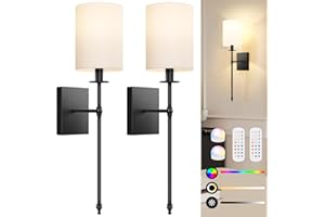 BOSCEOS Battery Operated Wall Sconces Set of 2 with Remote Control, Black Indoor Not Hardwired Dimmable Wall Lamps with White Fabric Shade, Rechargeable Wireless wall lights For Bedroom, 2 Bulbs Included