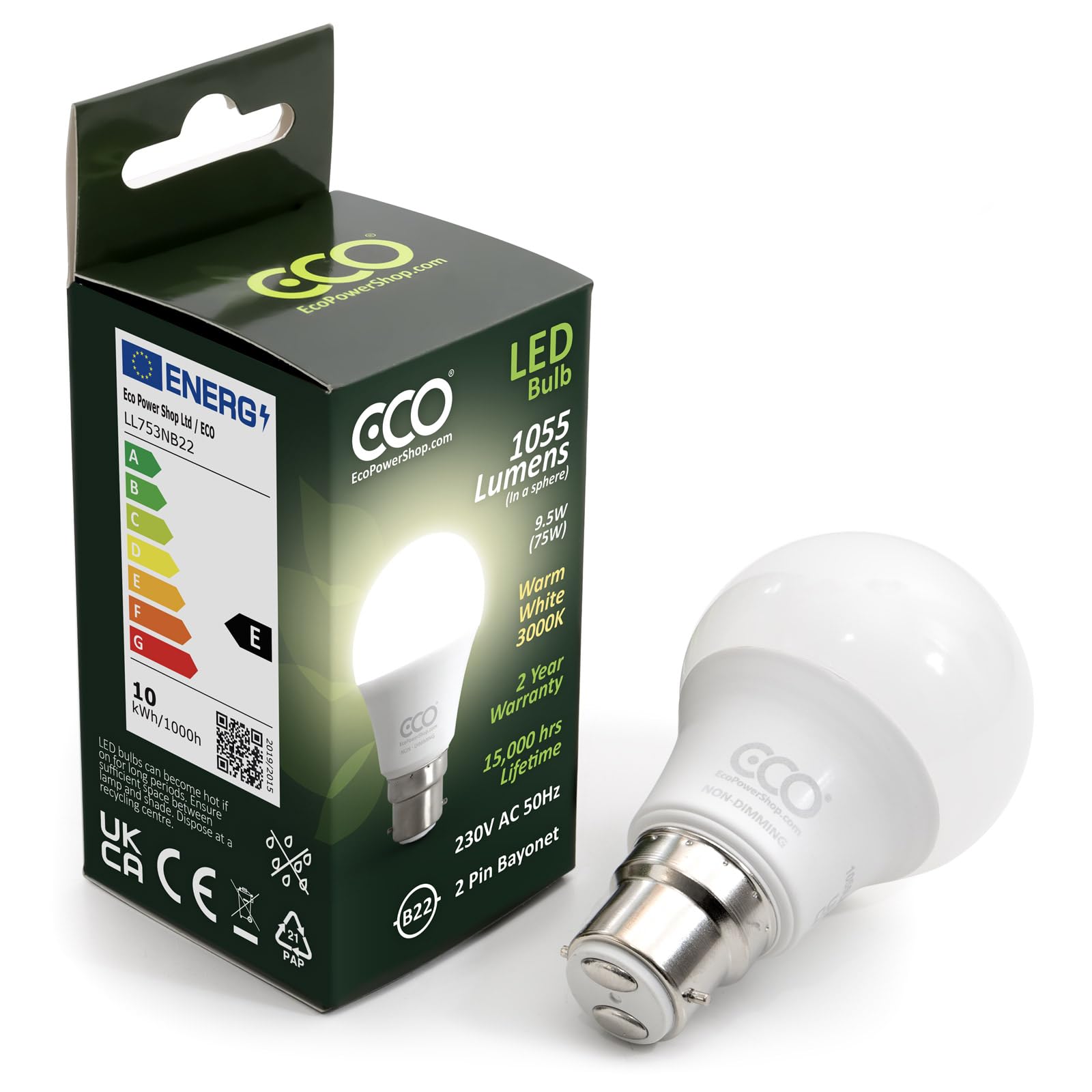 ECO 2 pin B22 Bayonet Light Bulbs, Energy Saving 9.5W LED, 1055 Lumens, 75W Equivalent, Soft Warm White (3000K), 15,000Hrs Lifetime.
