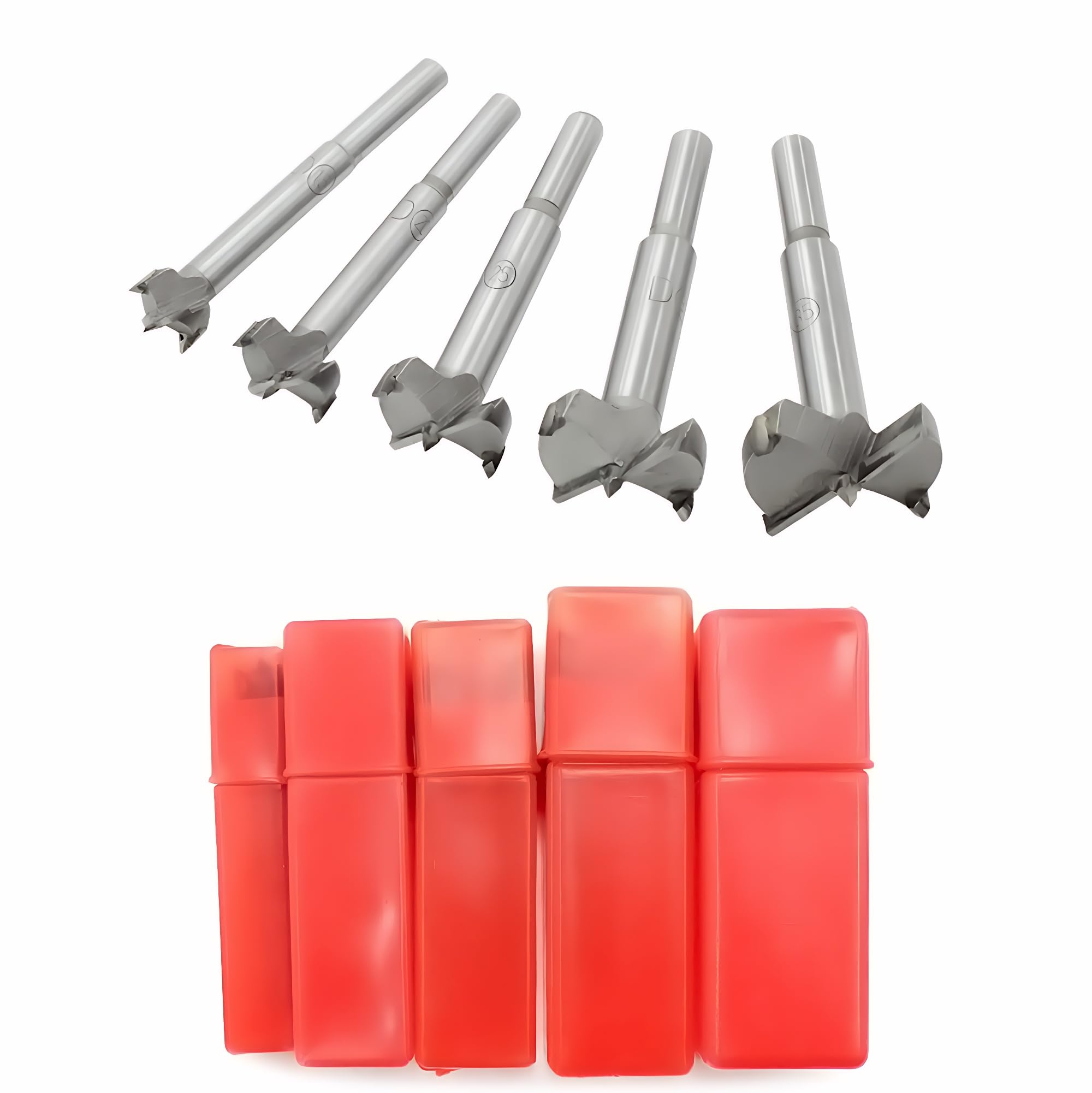 Meichoon Forstner Woodworking Drill Bits 15-35mm 5PCS, HSS Flat Wing Drilling Hole Hinge Cemented Carbide Drilling Sets with Round Shank DC02B