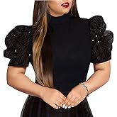 acelyn Women Sexy Sparkle Shimmer Sequin Top See Through Mesh Puff Short Sleeve Tunic Shirt Holiday Party