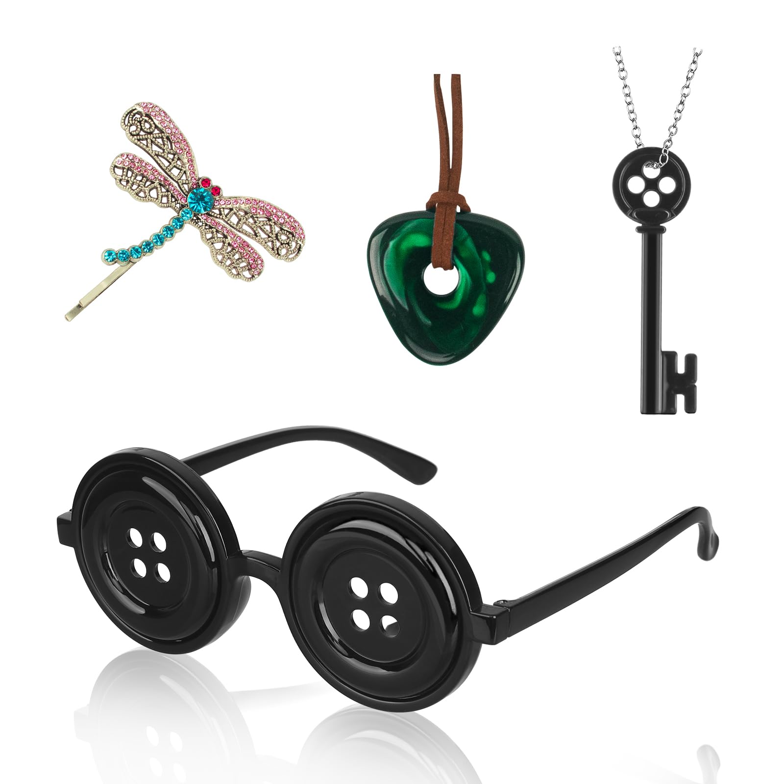 Photo 1 of ** MISSING ** Cowaski 4 Pcs Accessories Fit for Cosplay Costume, Button Eyes Glasses, Key Necklace, Hair Clip, Green Stone Set Halloween Merchandise, Christmas Birthday Gift for Women Men and Fans