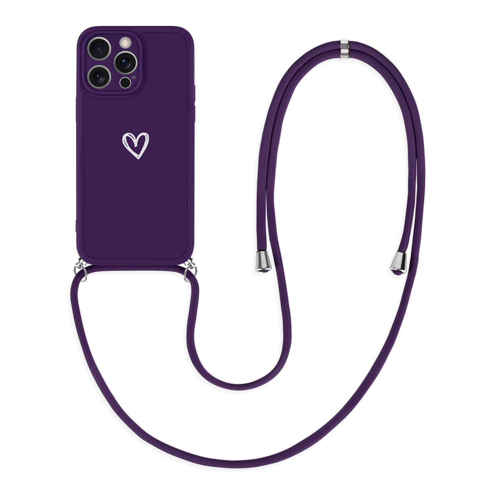 Crossbody Lanyard Case for iPhone 15 Pro Max, Cute Love Heart Design Phone Case with Adjustable Strap Necklace Women Girls Flexible Silicone Shockproof Bumper Cover for iPhone 15 Pro Max -Dark Purple