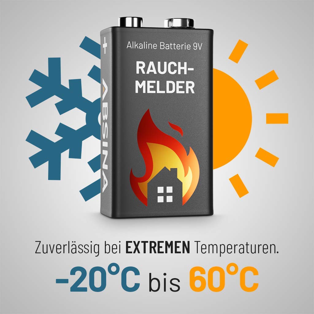 9V Blockbatterie Rauchmelder - 8er Pack Alkaline 9V Batterie langlebig & auslaufsicher - 9 Volt Blockbatterie für Feuermelder, Bewegungsmelder & Rauchwarnmelder - Rauchmelder Batterie ABSINA 5