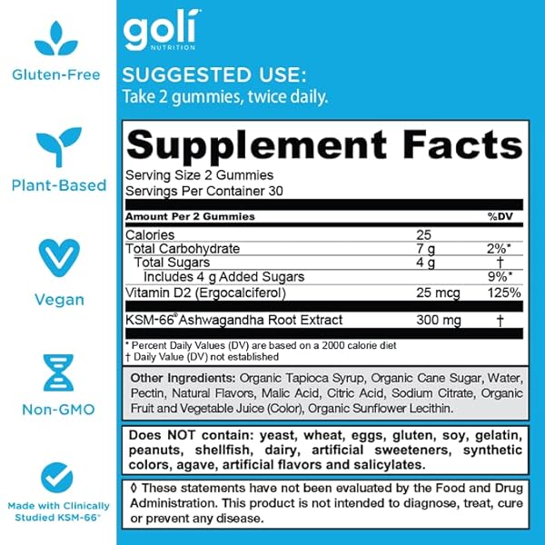 GOLI ASHWAGANDHA & VITAMIN D GUMMY – 60 COUNT – MIXED BERRY, KSM-66, VEGAN, PLANT BASED, NON-GMO, GLUTEN-FREE & GELATIN FREE RELAX. RESTORE. UNWIND, PACK OF 1