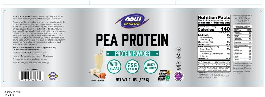 NOW Sports Nutrition, Pea Protein 25 G With BCAAs, Easily Digested, Vanilla Toffee Powder, 2-Pound: Health & Personal Care