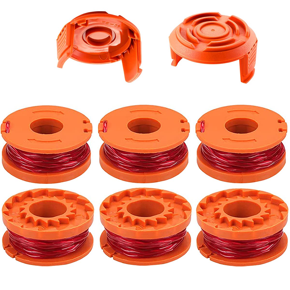 ZAMDOE WA0010 String Trimmer Spool Line Replacement for Worx WG180 WG163 WG175 Electric String Trimmers, Auto Feed, 3m / 10ft 1.65mm / 0.065"(6 Spools, 2 Caps)