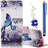 Samsung Galaxy J7 (2015) Case, Boince 3 in 1 Accessory Magnetic Snap PU Leather Flip Wallet Case + [Diamond Antidust Plug] + [Metal Stylus Pen] Anti Scratch Shockproof Protective Bumper-Blue Butterfly