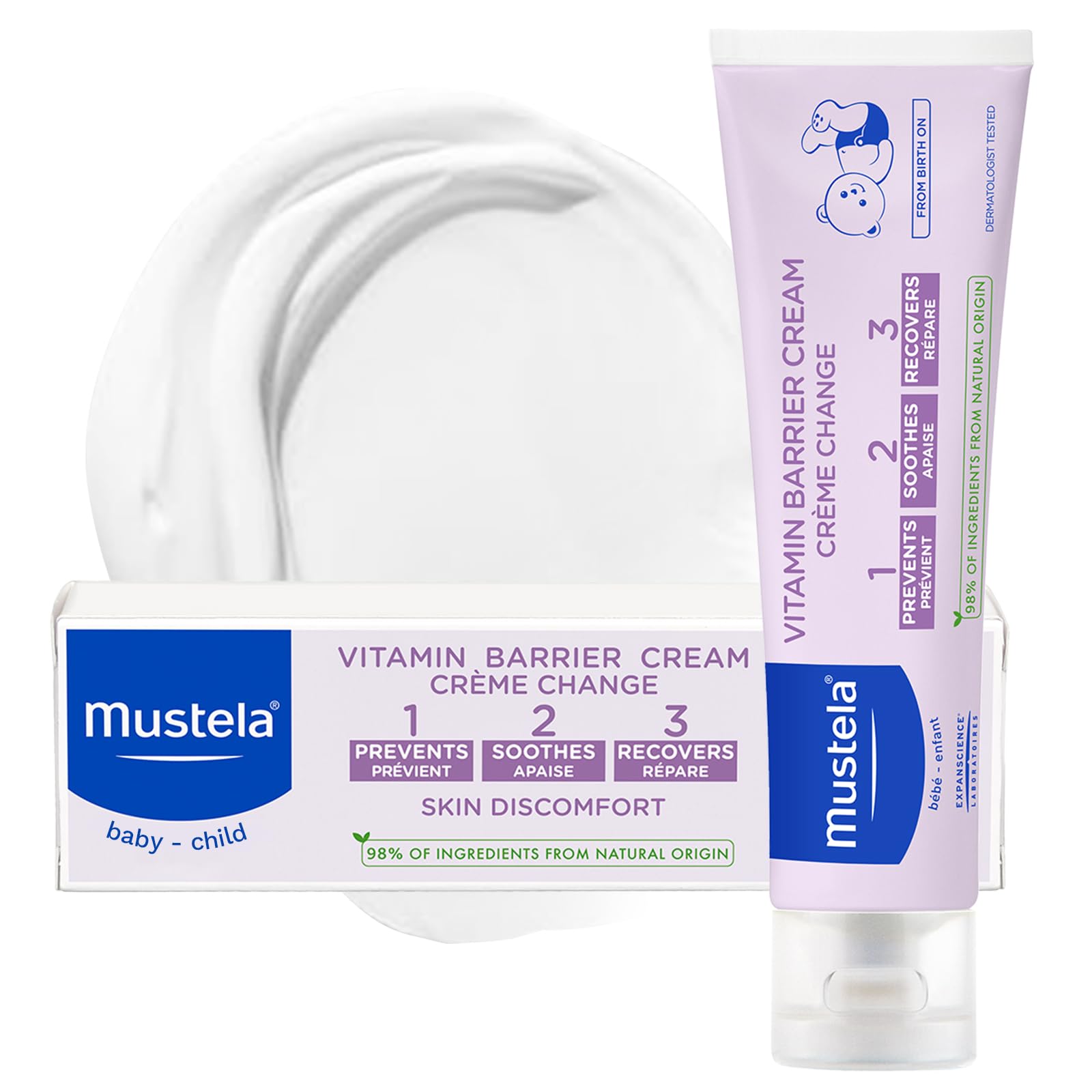 Mustela - Vitamin Barrier Cream 1 2 3 – Baby Cream for Diaper Area Care – Prevents, Soothes and Recovers Redness with Avocado Perseose, Sunflower Oil Distillate and Zinc Oxide – From Birth On – 50ml