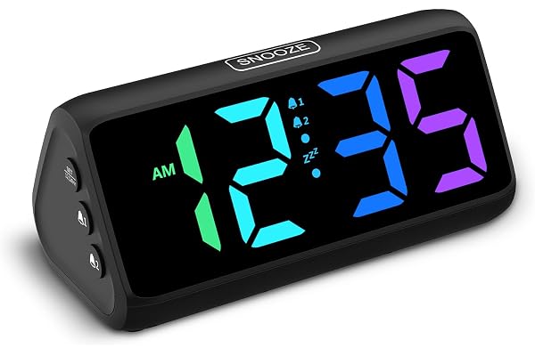 Netzu Digital Alarm Clock, RGB Loud Alarm Clocks for Bedrooms Heavy Sleepers Seniors Kids, Plug in Digital Clock with 5 Dimme