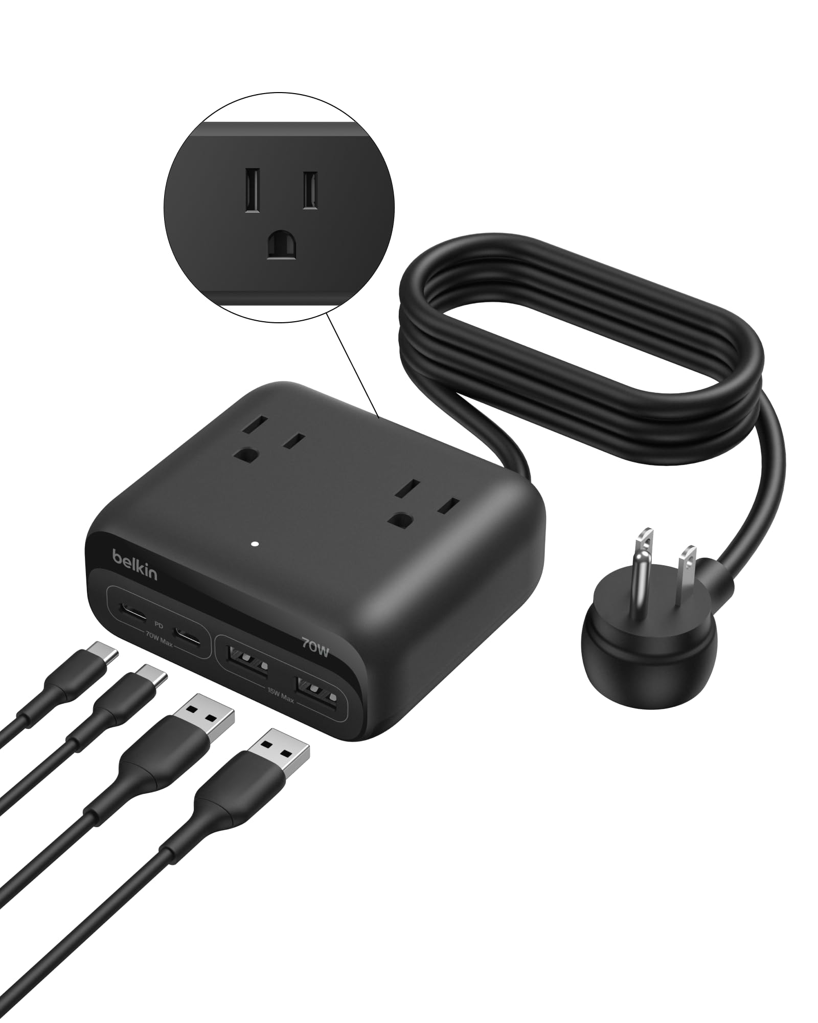 Belkin GaN Charging Station 70W, 7-in-1 Dual USB C Charger w/ 3X AC Outlets, 2X USB A Ports - Power Strip for iPhone, Apple Watch, iPad, MacBook, Chromebook, Samsung Galaxy, Pixel 10, & More - Black