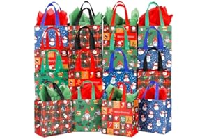 YANGTE 16 Pack Small Christmas Gift Bags with Tissue Paper, Non-Woven Christmas Treat Bags Reusable Tote Bags with Handles for Kids Candy Goodie Bags Christmas Bags Xmas Party Favors