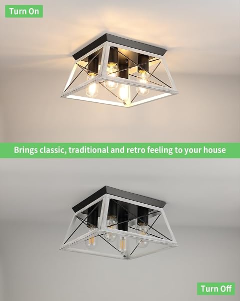 FARMHOUSE OAK WHITE FLUSH MOUNT 4-LIGHT INDUSTRIAL KITCHEN CEILING LIGHTS, RUSTIC FLUSH MOUNT FOR DINING ROOM, BEDROOM, HALLWAY, ENTRYWAY, FOYER