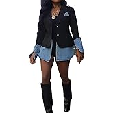 Women's Denim Blazer Jacket Casual Patchwork Long Sleeve Top Open Front Jean Jackets