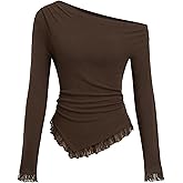 CIDER Off The Shoulder Tops for Women Lace Trim Going Out Tops Long Sleeve Shirts Slim Fit Fall Outfits Trendy