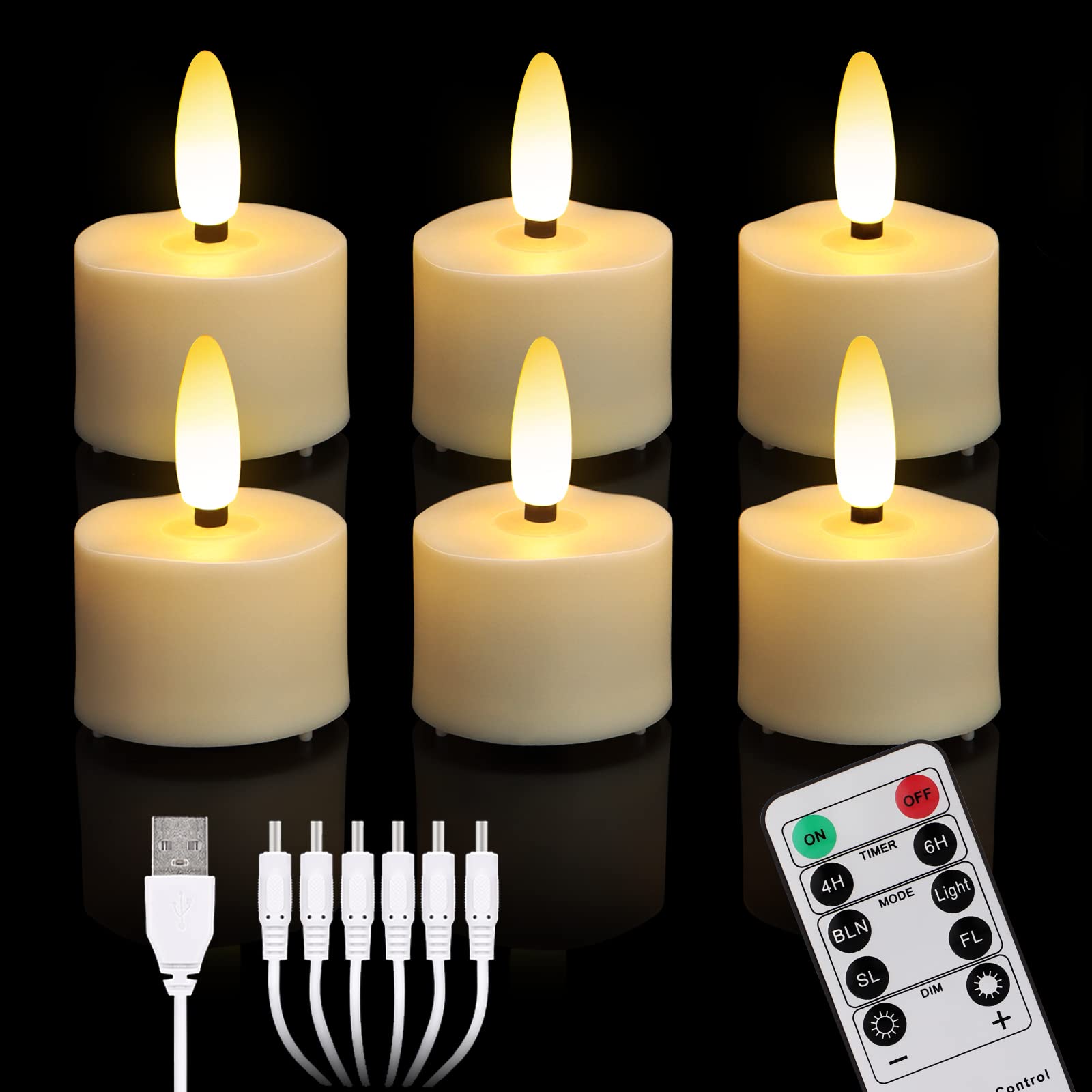 yunsheng Pack of 6 Rechargeable LED Tea Lights, Flameless Candles with Timer Remote Control and 6 Ports USB Charging Cable, Warm White Flickering Light, Halloween, Christmas, Home, Wedding Decoration