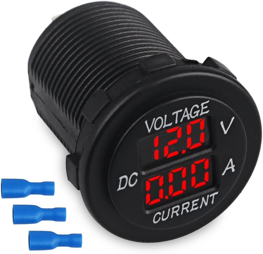 WATERWICH DC12-24V/0.1-10A Dual LED Digital Multimeter Amp Voltage Meter 2-in-1 Current Tester and Voltage Tester for Boat Marine Vehicle Truck ATV Car Camper LED Round Panel (Red)