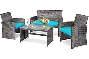 DORTALA 4 Piece Patio Furniture Set, Outdoor Wicker Conversation Set with Soft Cushions & Tempered Glass Coffee Table, Rattan