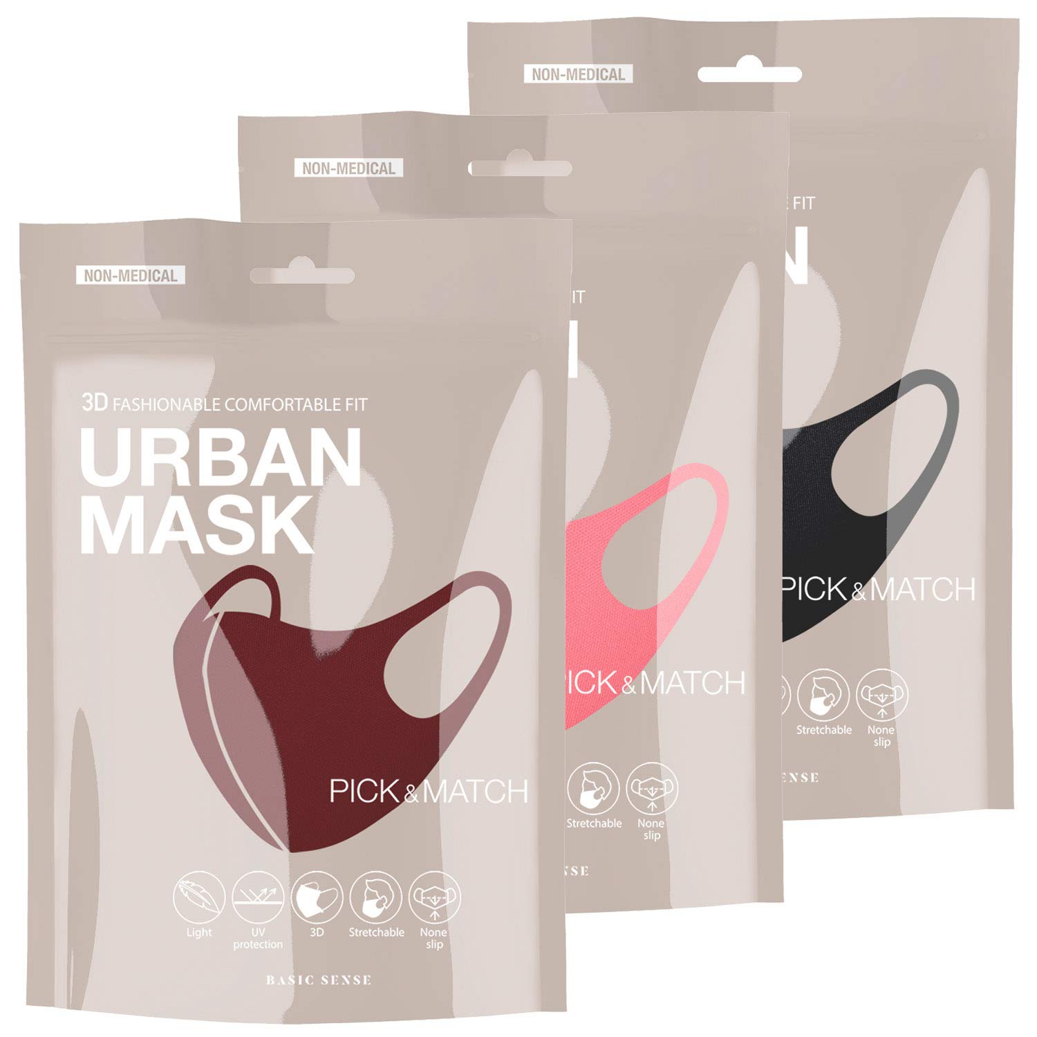 Basic Sense 3 Pack – 3D Washable Reusable Thick Reinforced Plain Face Coverings Masks (Red 3 Pack)