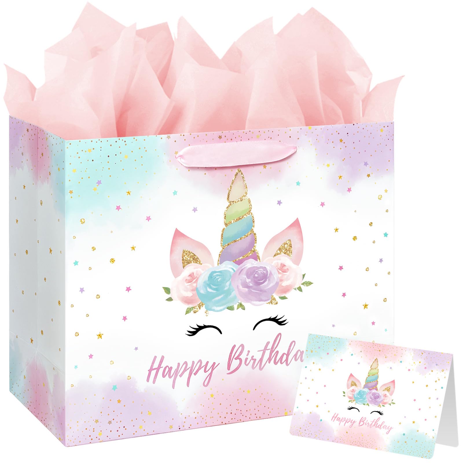 Photo 1 of 16.5" Large Unicorn Birthday Gift Bag with Card and Tissue Paper for Baby Girls and Kids Birthday (16.5 inch Pink)