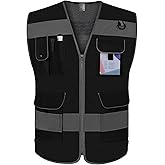 TCCFCCT Mesh Black Safety Vest for Men Women 9 Pockets High Visibility Reflective Vest for Safety, Work Vest with Reflective Strips, Meets ANSI/ISEA Standards, Large